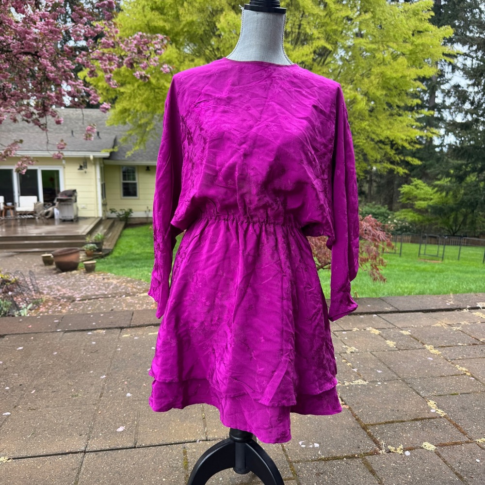 Zara Satin Effect Jacquard Floral Mini Dress Magenta Purple Long Sleeve Medium